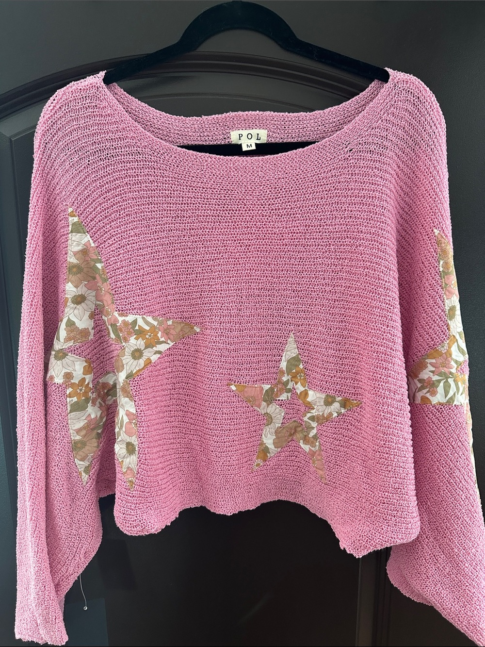 POL Cropped Pink Open-Knit Sweater with Floral Star Appliqués